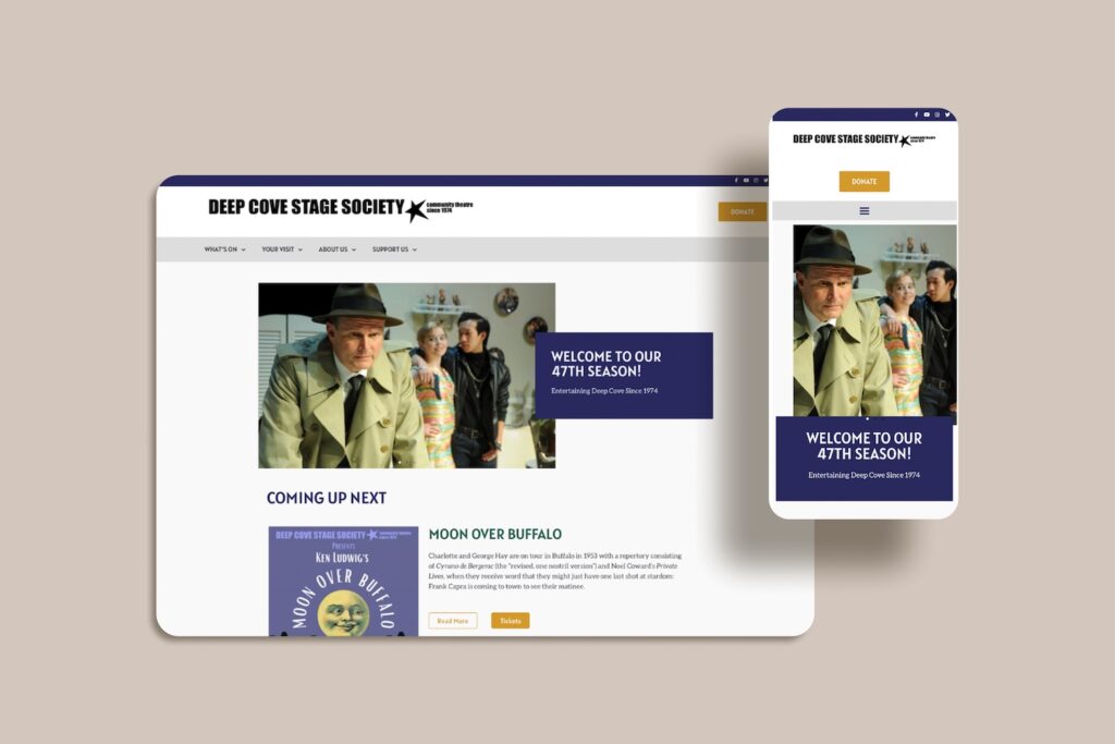 Flat mockup of Deep Cove Stage Society desktop and mobile website designed by Upstream Digital